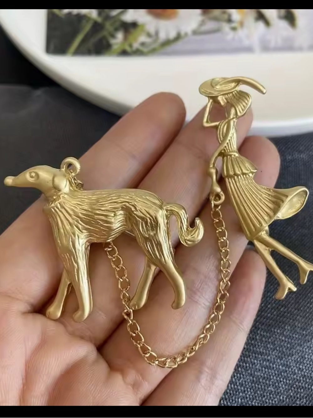 Vintage Runway Lady & Hound Brooch Pin
